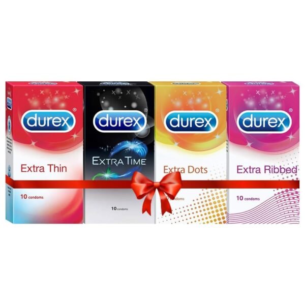 Durex Multi-pack Condoms for Men (Extra Time, Extra Dotted, Extra Ribbed, Extra Time) - 10 count (Pack of 4)